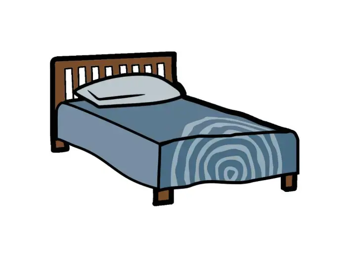 Bed with teal bedspread that has a design of rings from the Birchway Niagara logo