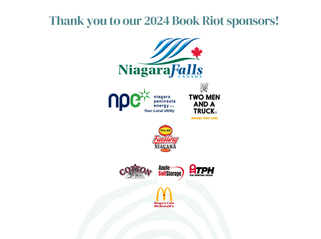 Logos of 2023 Book Riot sponsors, including City of Niagara Falls, Home Instead, Niagara Peninsula Energy, Portage Medical Family Health Team, Your TV and 