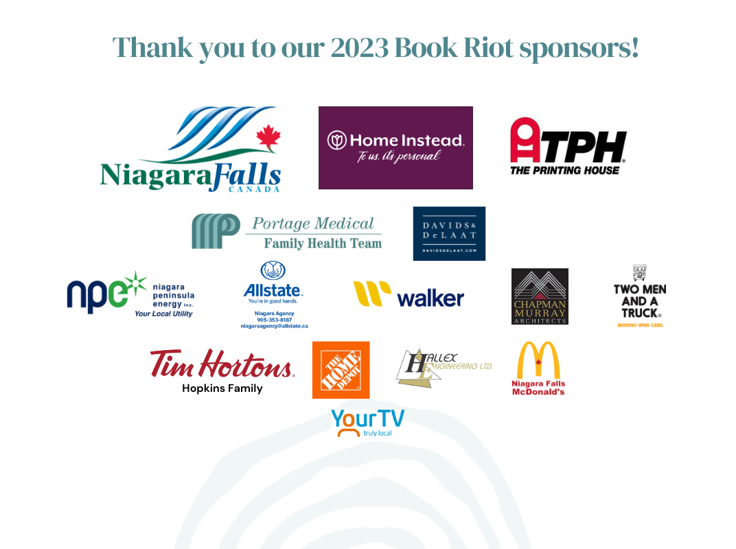 Logos of 2023 Book Riot sponsors, including City of Niagara Falls, Home Instead, Niagara Peninsula Energy, Portage Medical Family Health Team, Your TV and 