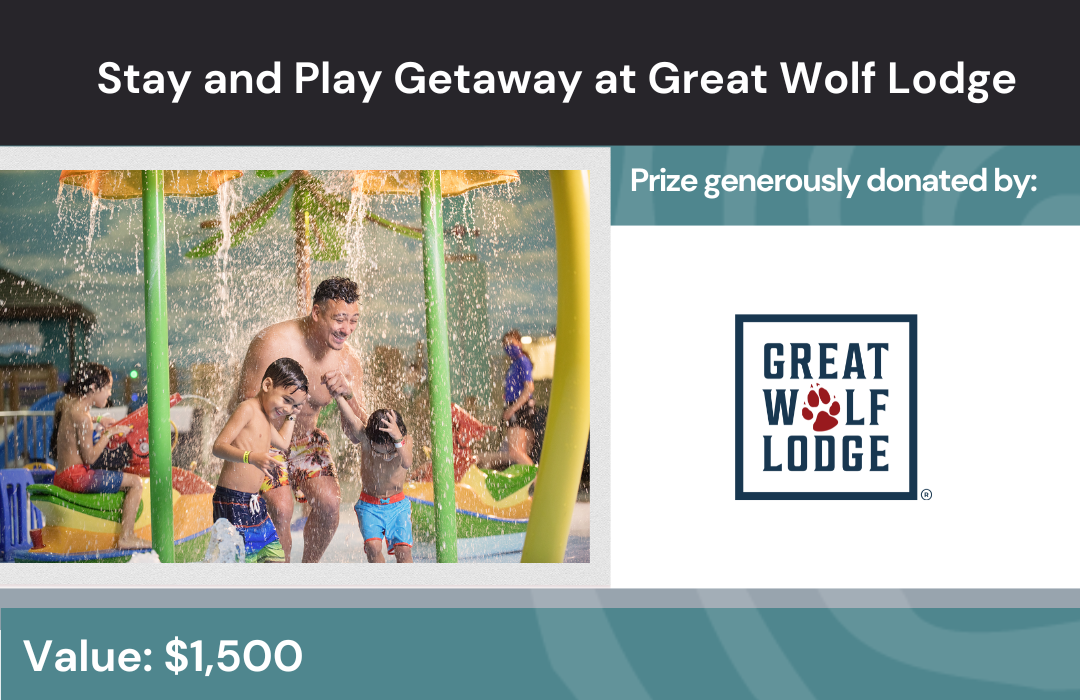 Image promoting a Great Wolf Lodge "stay and play" live auction package valued at 2025