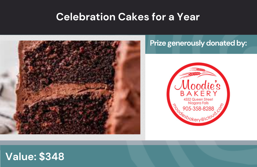 Title: Celebration Cakes for a Year. Subtitles: Prize generously donated by: Moodie's Bakery. Value $348. Image: the inside of a moist chocolate cake.