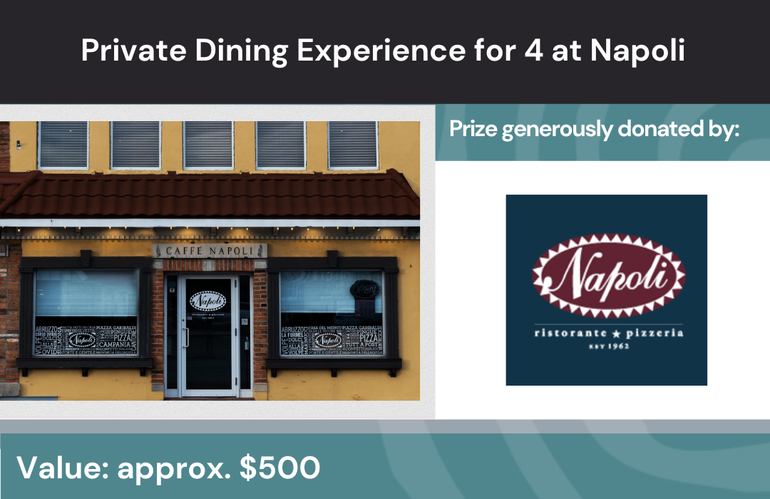 Title: Private dining experience for 4 at Napoli. Subtitles: Prize generously donated by Napoli. Value approx $500. Image: front of restaurant.
