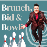 Brunch, Bid and Bowl logo with an image of the event's host, the Auctionista in a black and red suit jacket.