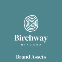 Image: White Birchway Niagara Logo on teal background. Title: Brand Assets