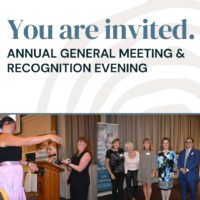 Text: You are invited. Annual General Meeting and recognition evening. Images below text: Woman in pink skirt receives an award from a woman in a black outfit. Second photo is of 5 people dress in business casual clothing standing together looking at the camera.