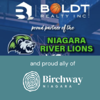 Text: Bold Realty Inc. proud partners of the Niagara River Lions and proud ally of Birchway Niagara Background: basketball net