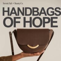 Title: Handbags of Hope. Image: woman's hand holding a brown purse