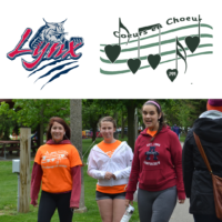 Lynx logo, which includes the word "Lynx", a Lynx and claw scratches, the Coeurs en Choeur logo which has music notes shaped like hearts, and a picture of 3 students walking in orange t-shirts