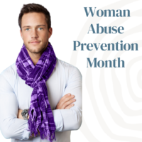 Man in purple scarf. Text: Woman Abuse Prevention Month