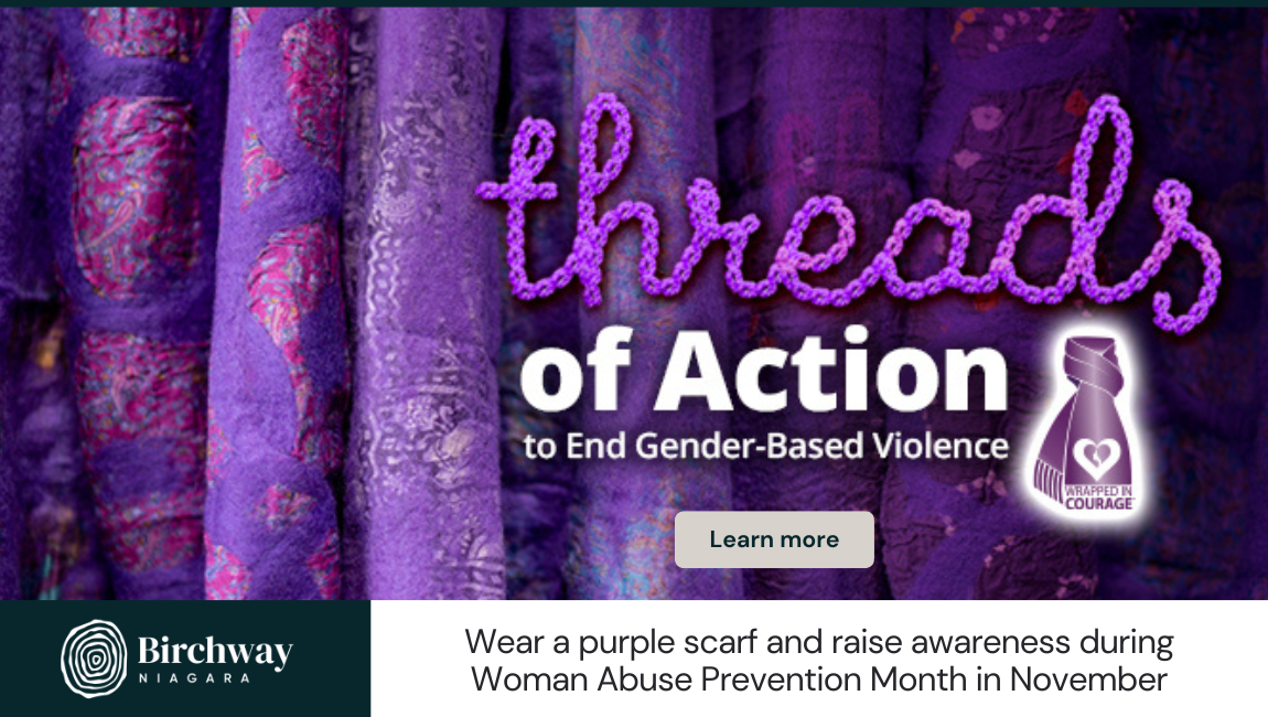 Background of purple scarves. Title: Threads of action to end Gender-Based Violence. Wear a purple scarf and raise awareness during Woman Abuse Prevention Month. Click on the slide for more information.