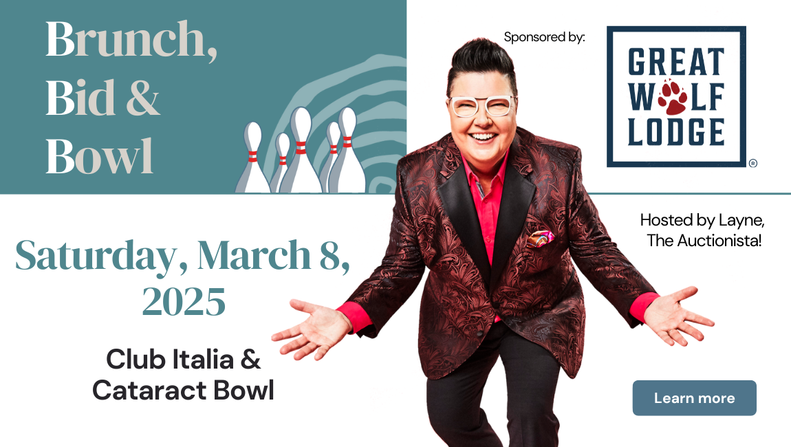 Promotional image for the 2025 Brunch, Bid & Bowl event. Images include an excited person in a "loud" red suit jacket, the logo for Brunch, Bid & Bowl, and the logo for Great Wolf Lodge, this year's event sponsor. Text indicates that event will be held on Saturday, March 8, 2025 at Club Italia and Cataract Bowl. Click for more info.